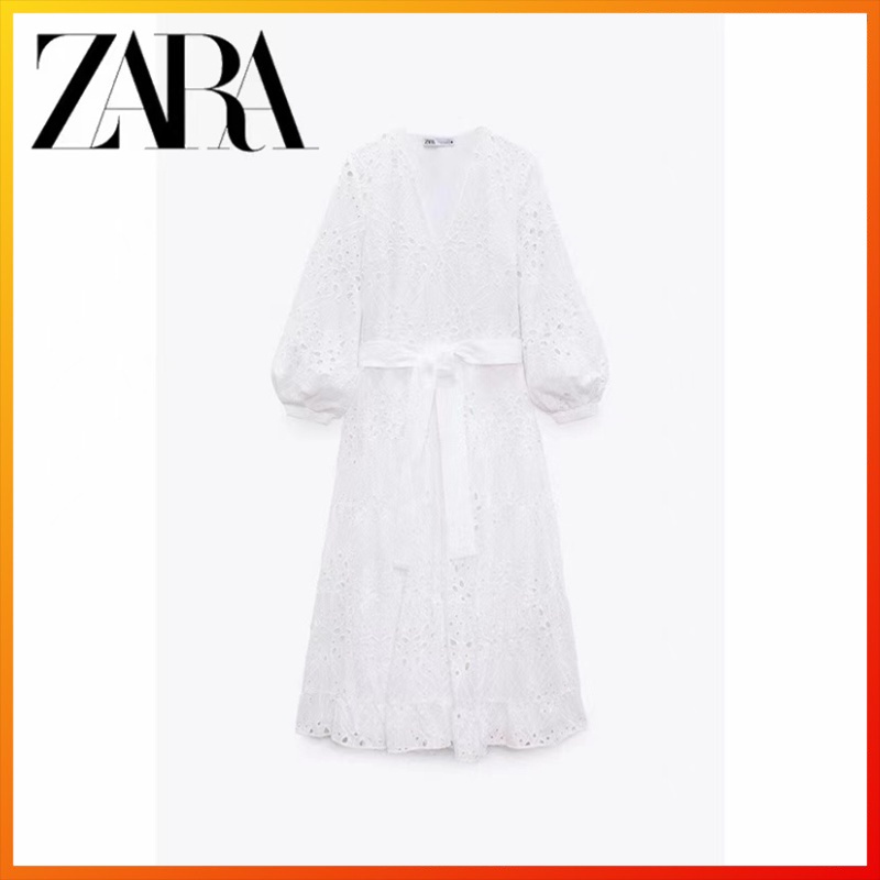 ZARA Đầm Midi Màu Trắng Thêu Họa Tiết Xinh Xắn Thời Trang Hè Cho Nữ