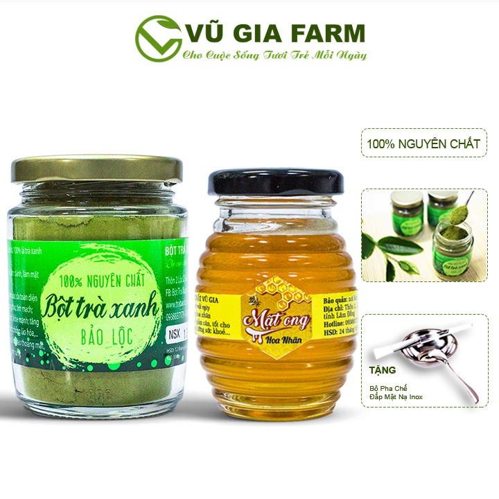 Combo Bột Trà Xanh + Mật Ong Hoa Nhãn - Nguyên Chất Vũ Gia (100gr/ml/hũ) + Tặng Bộ Đắp Mặt