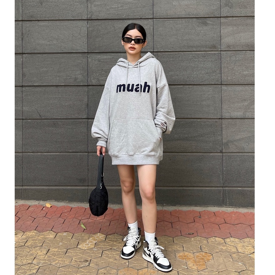 Áo hoodie chui đầu có nón chữ nổi Muah MIEU - HN12