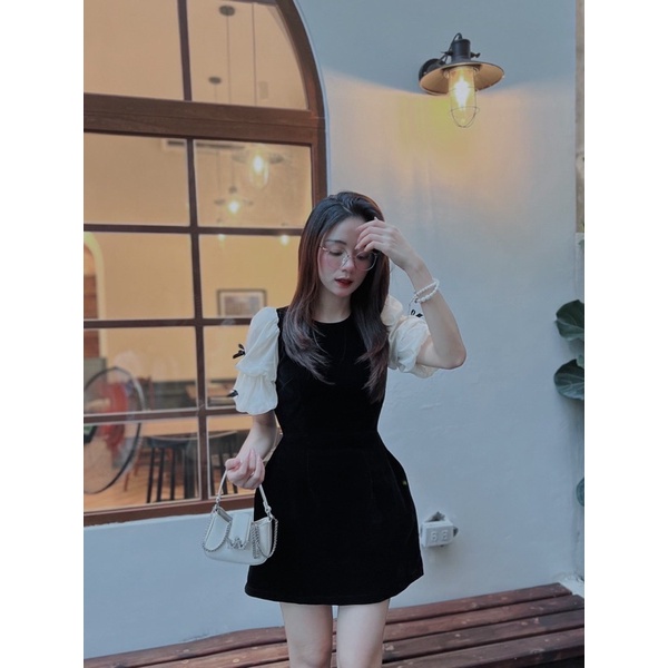 Váy nhung cộc tay bồng dáng xuông nhẹ nhàng phối tay voan đính nơ Kozoda D89