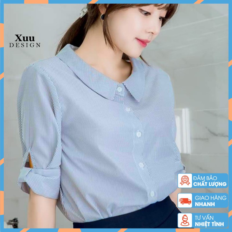 Áo sơ mi nữ công sở Xuu Design, Áo sơ mi nữ tay ngắn kẻ cổ sen chất liệu Kate cao cấp- BS11 - Hàng mới về
