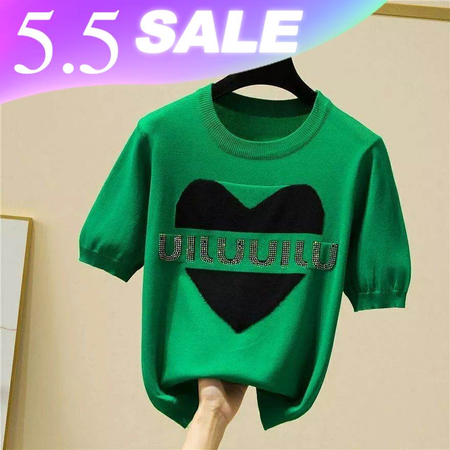 2022 summer new ice silk short sleeved hot diamond letter sweater loose T-shirt women's aging foreign style half sleeved top