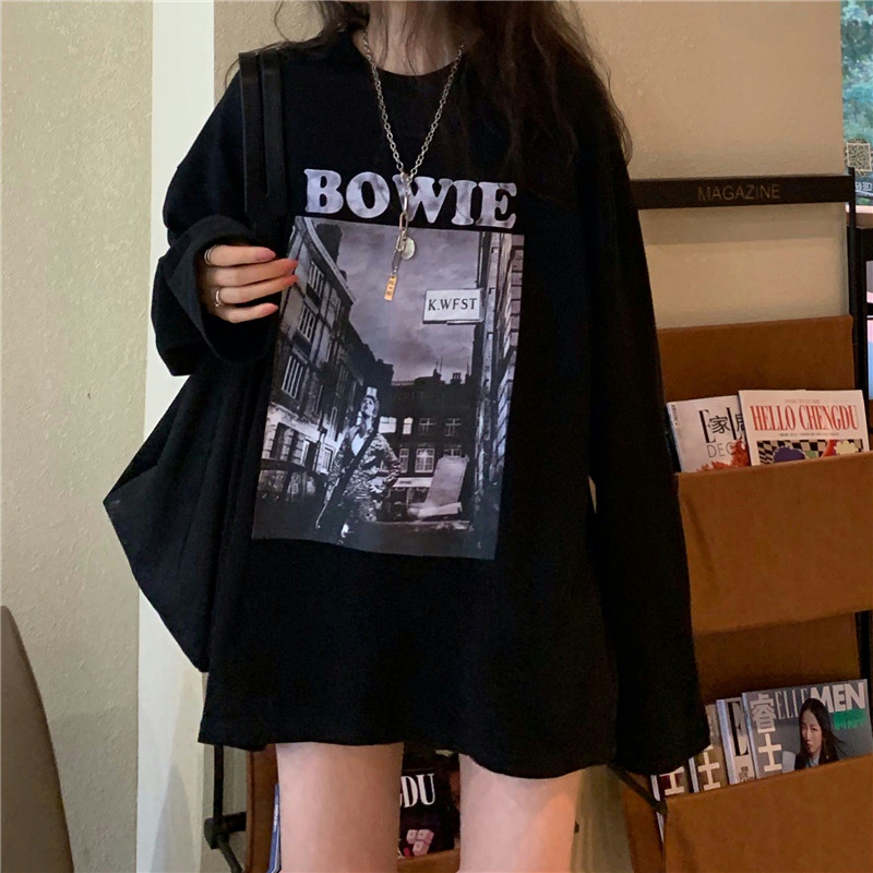 Áo thun tay dài dáng rộng in họa tiết phong cách mùa thu Hàn Quốc sành điệu cho nữ