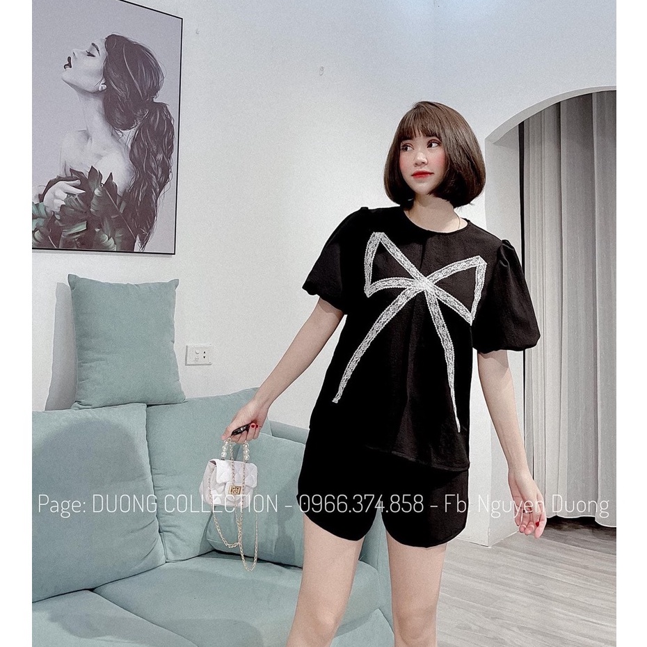 Bộ ngủ nữ trơn màu đen nơ trắng tay ngắn cổ tròn, bộ nữ mặc nhà, bộ ngủ nữ tay phồng T-FASHION 24H PN2