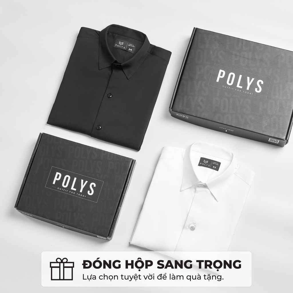 Áo sơ mi nam tay ngắn Trắng Đen POLYS Fullbox, Vải Chéo Thái mềm mịn, co giãn, thoáng khí Sơ mi Trắng Đen Tay Ngắn BASIC