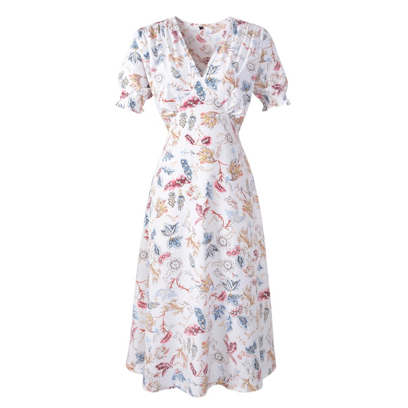 Đầm Midi Dáng Chữ A Tay Ngắn Phồng Cổ Chữ V In Họa Tiết Hoa Phong Cách Boho Thời Trang Cho Nữ