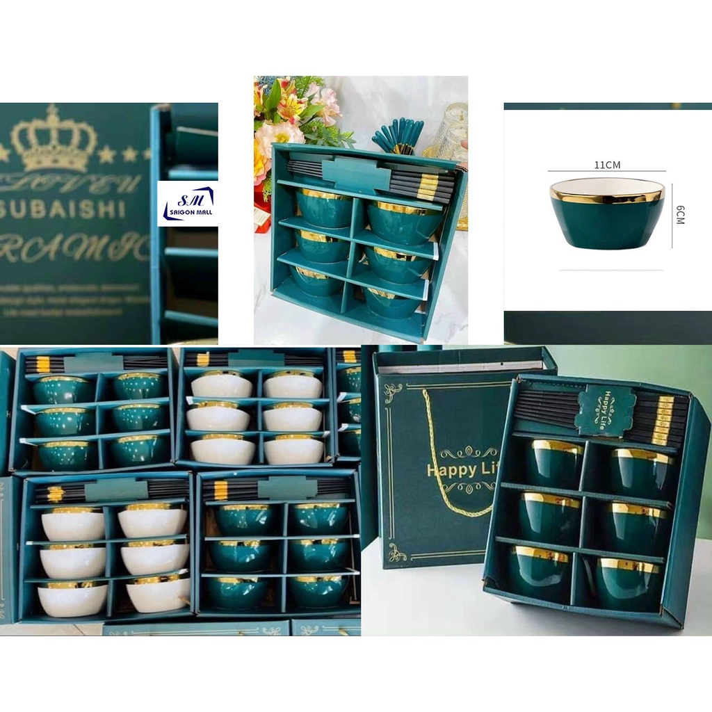 Bộ chén đũa tráng men cao cấp phong cách Châu Âu gồm 6 chén 6 đũa cao cấp sang trọng có hộp làm quà tặng