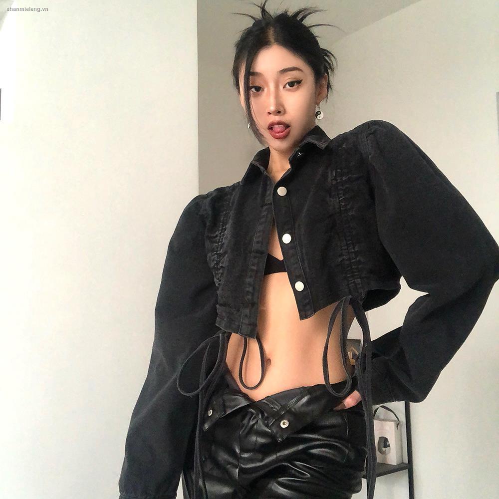 Áo khoác denim ngắn tay phồng thiết kế dây rút thời trang dành cho nữ