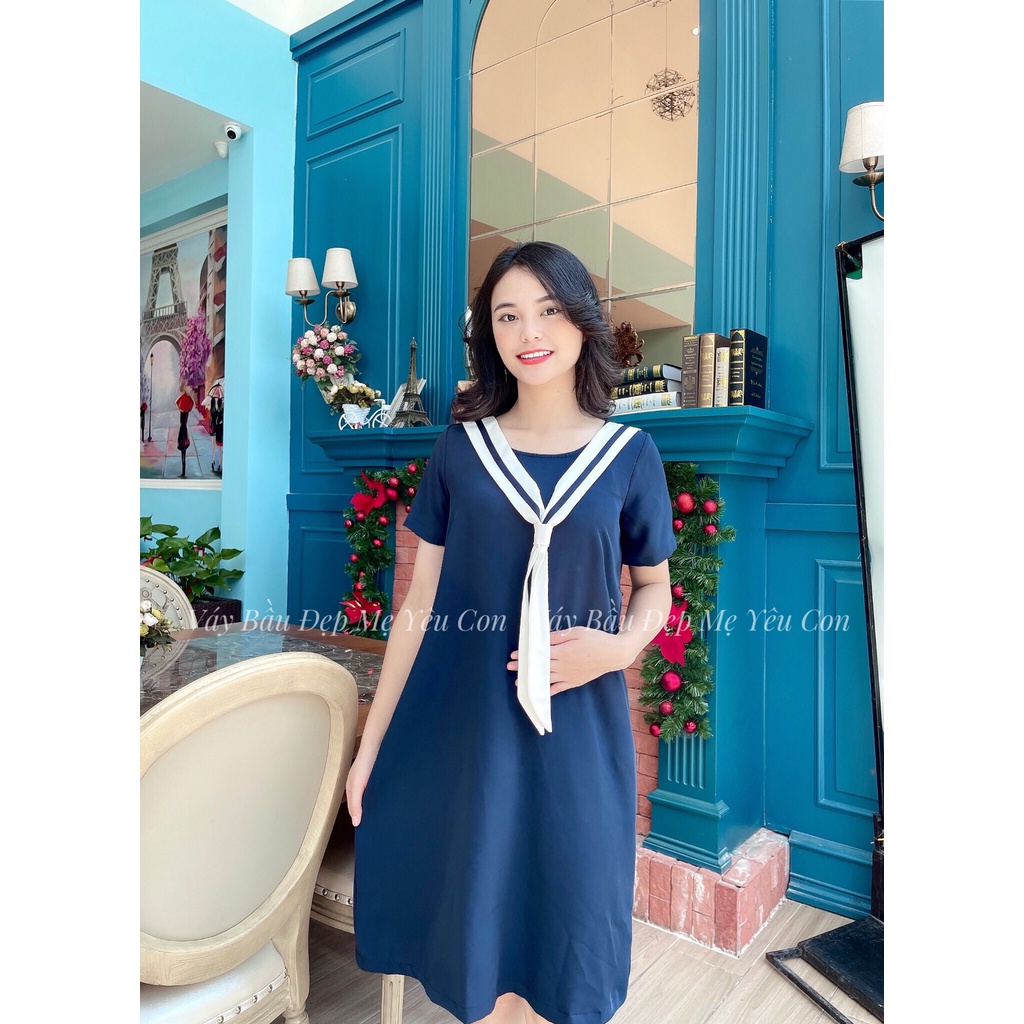 Váy Bầu Công Sở, Đầm Bầu xanh thủy thủ cộc tay MYC 1342