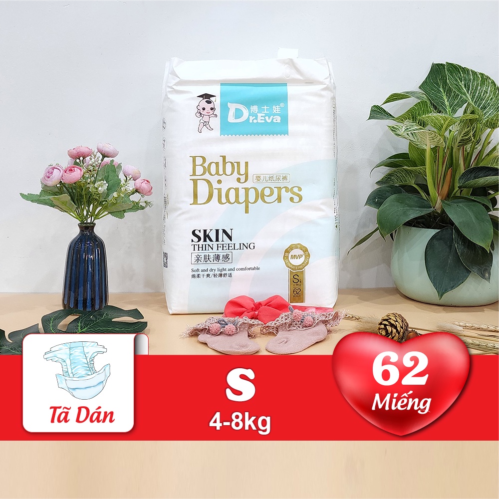 Bỉm tã dán Dr.EVA cho trẻ sơ sinh và trẻ em, siêu thấm hút shop.anbinhgroup, size S (4-8kg) 62 cái