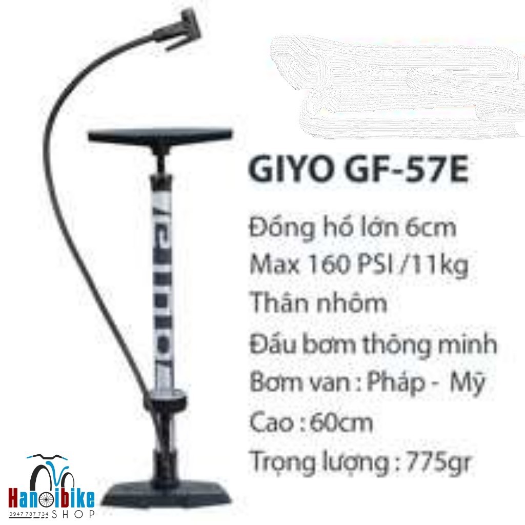 Bơm xe đạp 160psi/11kg, đồng hồ cao, thân NHÔM hàng Đài Loan GIYO GF-57E