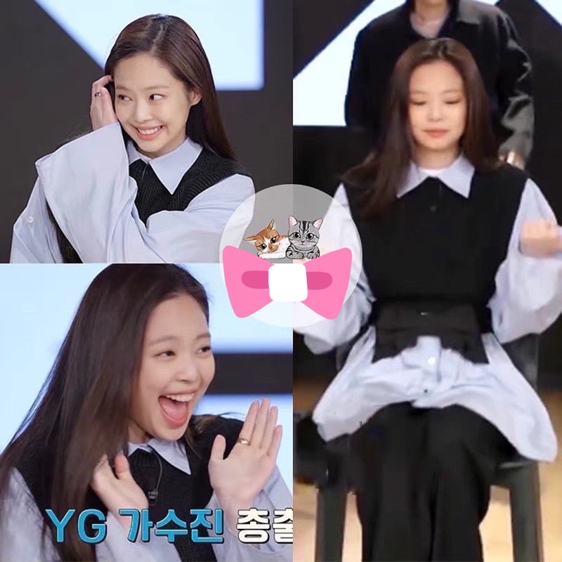 Set áo sơmi xanh + gile đen giống Jennie BLACKPINK