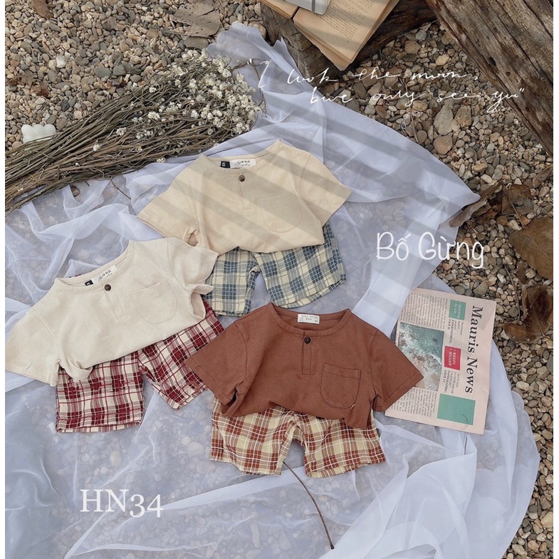 set bộ áo cotton quần kẻ bé trai HN34