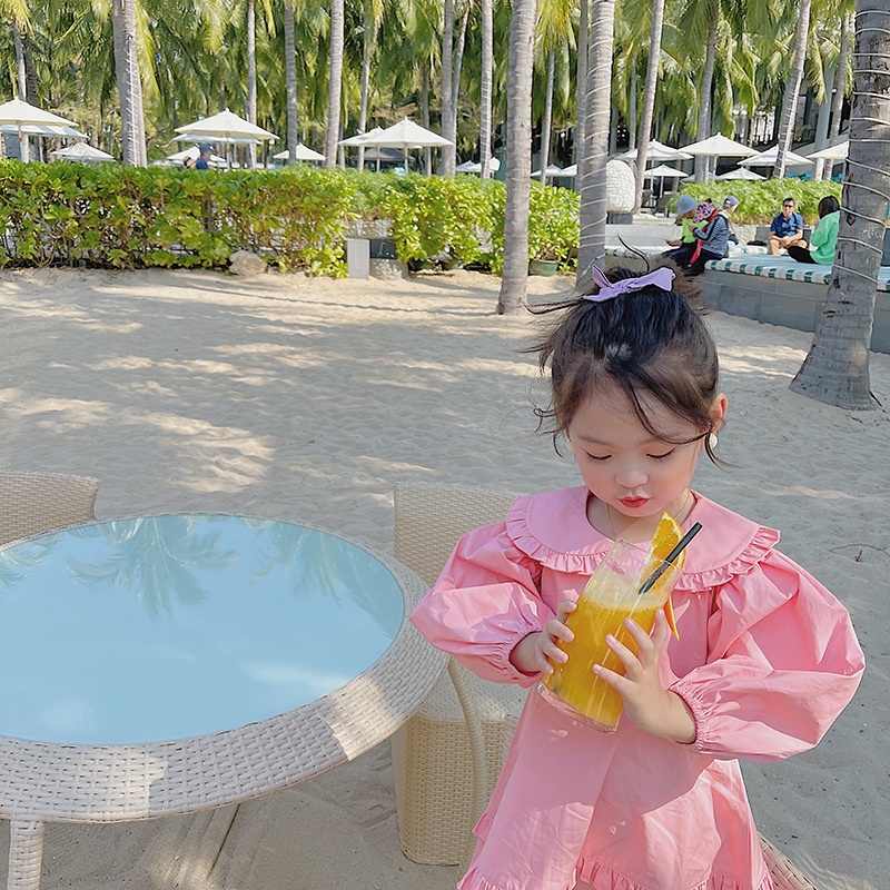 Đầm Công Chúa Tay Dài Cổ Búp Bê Màu Hồng Dễ Thương Dành Cho Bé Gái