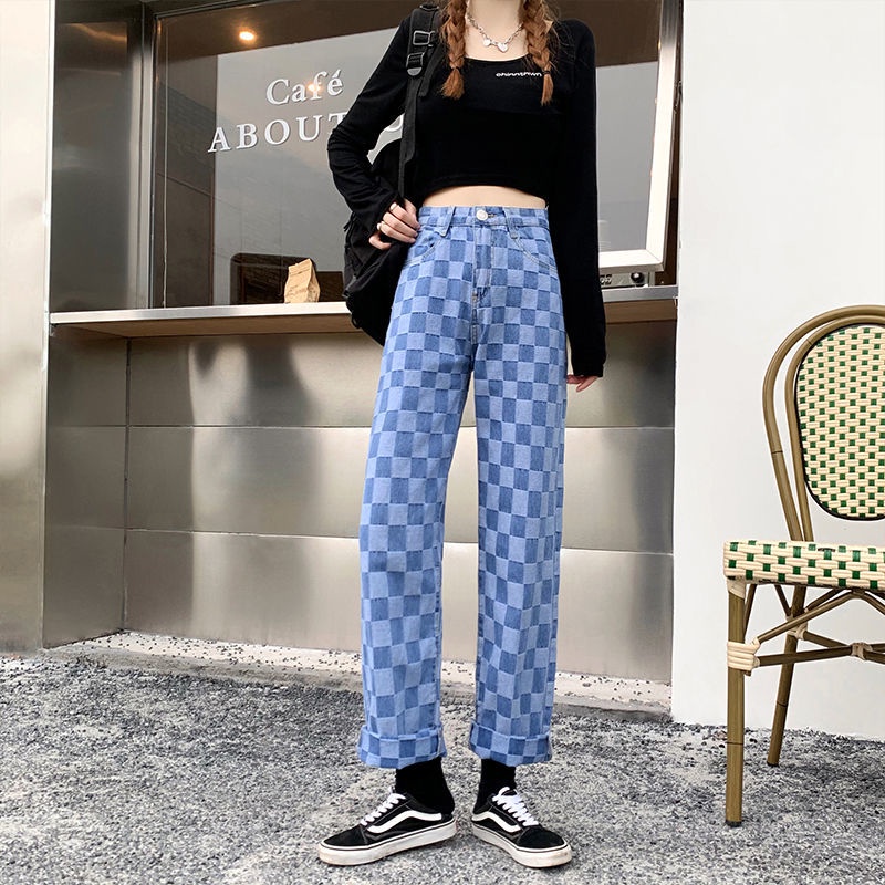 Quần jean IELGY ống rộng dáng suông họa tiết sọc mới cho nữ