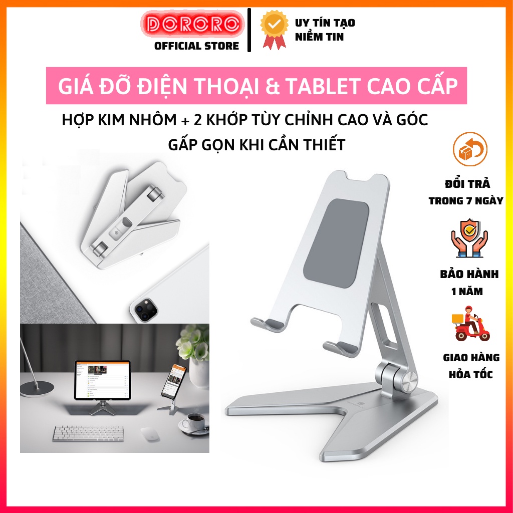 Giá đỡ máy tính bảng / Tablet / Điện thoại cao cấp - Chất liệu hợp kim nhôm + 2 khớp động + Đệm Silicon