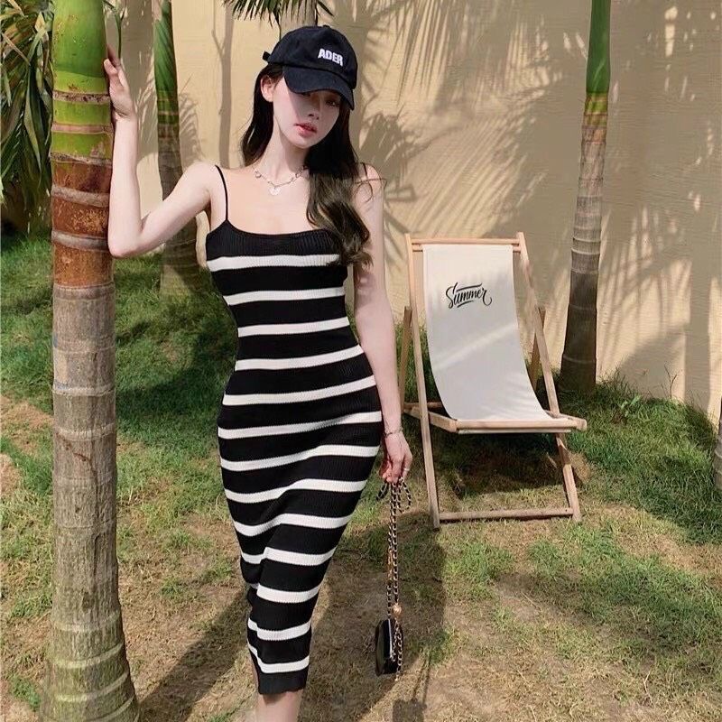 Váy đầm len body 2 dây kẻ ngang Len mongtoghi QC