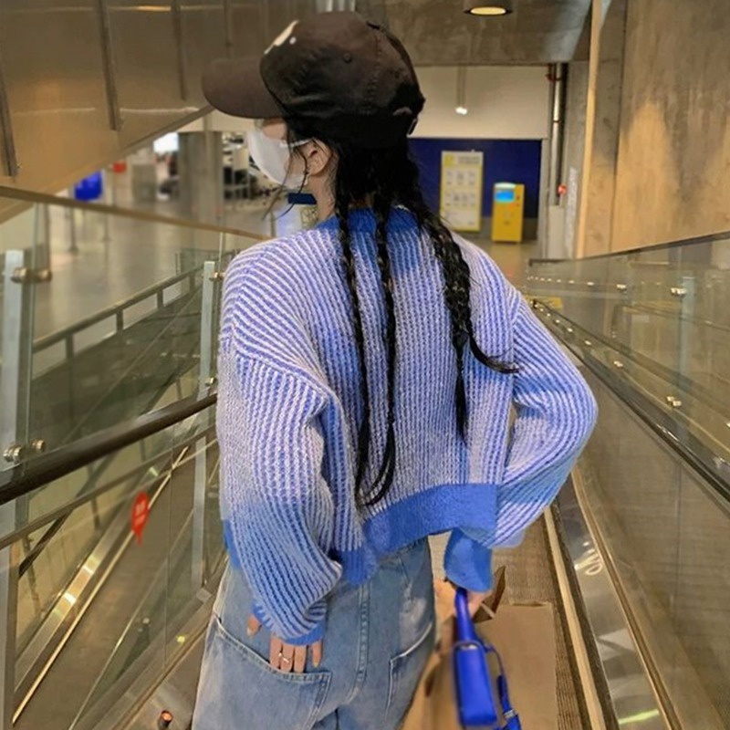 Áo Khoác Cardigan Dệt Kim Cổ Chữ V Họa Tiết Kẻ Sọc Màu Tương Phản Phong Cách Hàn Quốc Cho Nữ