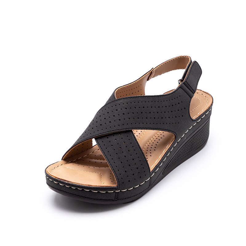 Giày sandal đế xuồng bằng da PU phong cách cổ điển thoải mái cho nữ