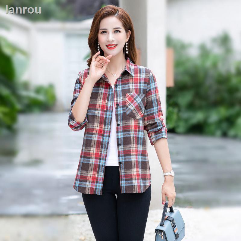 Đầm Sơ Mi Cotton Tay Dài Họa Tiết Sọc Caro Thời Trang Xuân Thu Cho Nữ Trung Niên