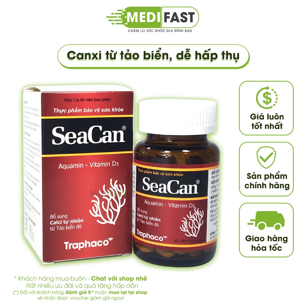 Bổ sung canxi từ tảo biển Seacan - Lọ 60 viên - giảm loãng xương, tăng chiều cao Chính hãng Traphaco