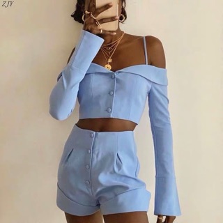 SET BLUE PASTEL BLAZER+CORSET+SHORT