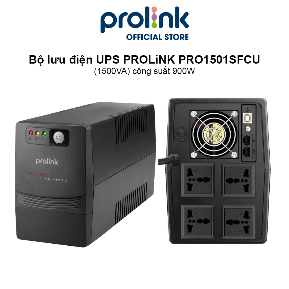 Bộ lưu điện UPS PROLiNK PRO1501SFCU (1500VA) công suất 900W, tích hợp bộ AVR, sạc siêu nhanh, dùng cho PC, Camera, Wifi