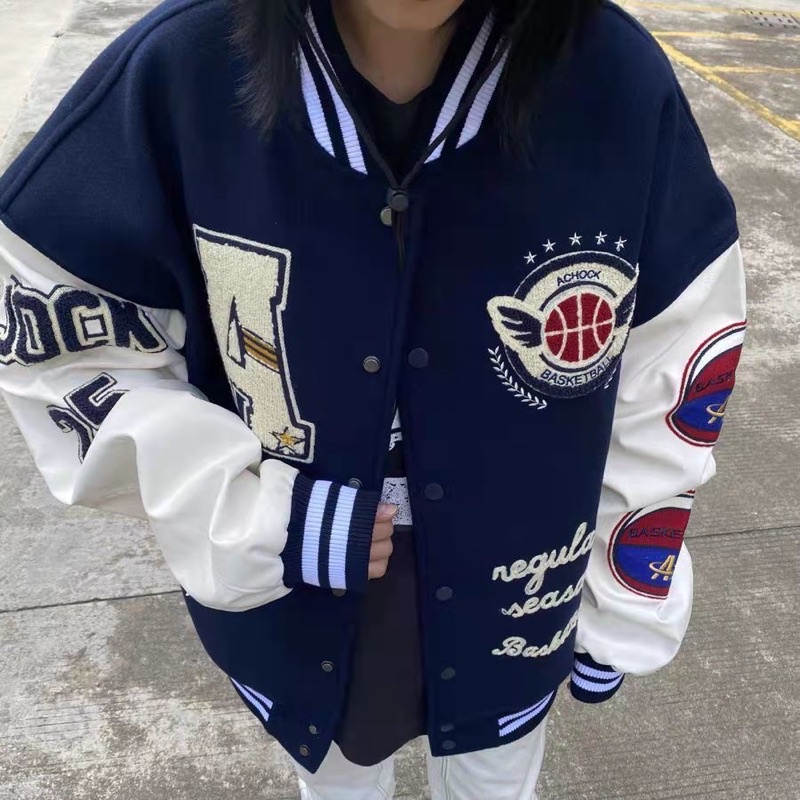 Áo khoác varsity jacket cổ đứng hoạ tiết thêu dáng rộng thời trang nam nữ