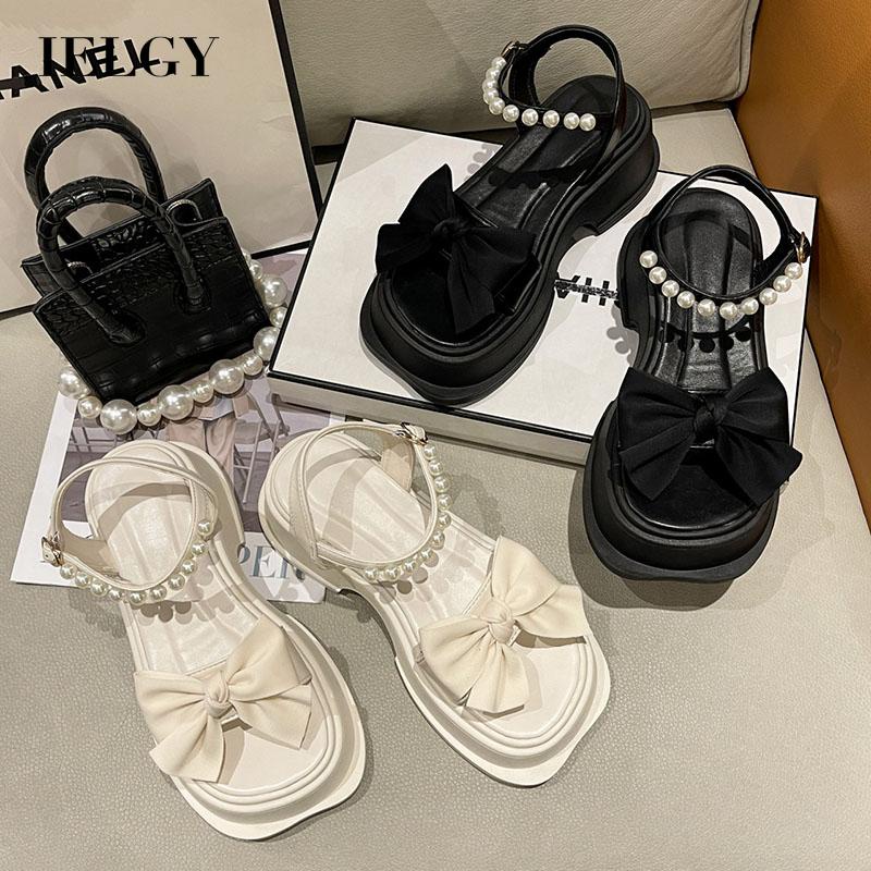 Giày xăng đan IELGY thắt nơ đính ngọc trai nhân tạo thời trang dành cho nữ