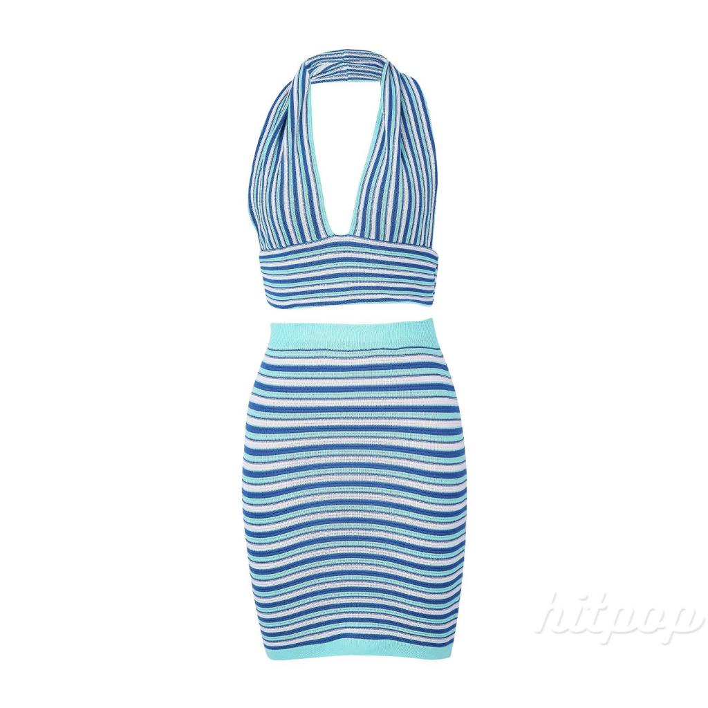 Hitpop-Women Sexy Two-piece Clothes Set, Blue Stripe Pattern Deep V-neck Crop Tops and High Waist Skirt