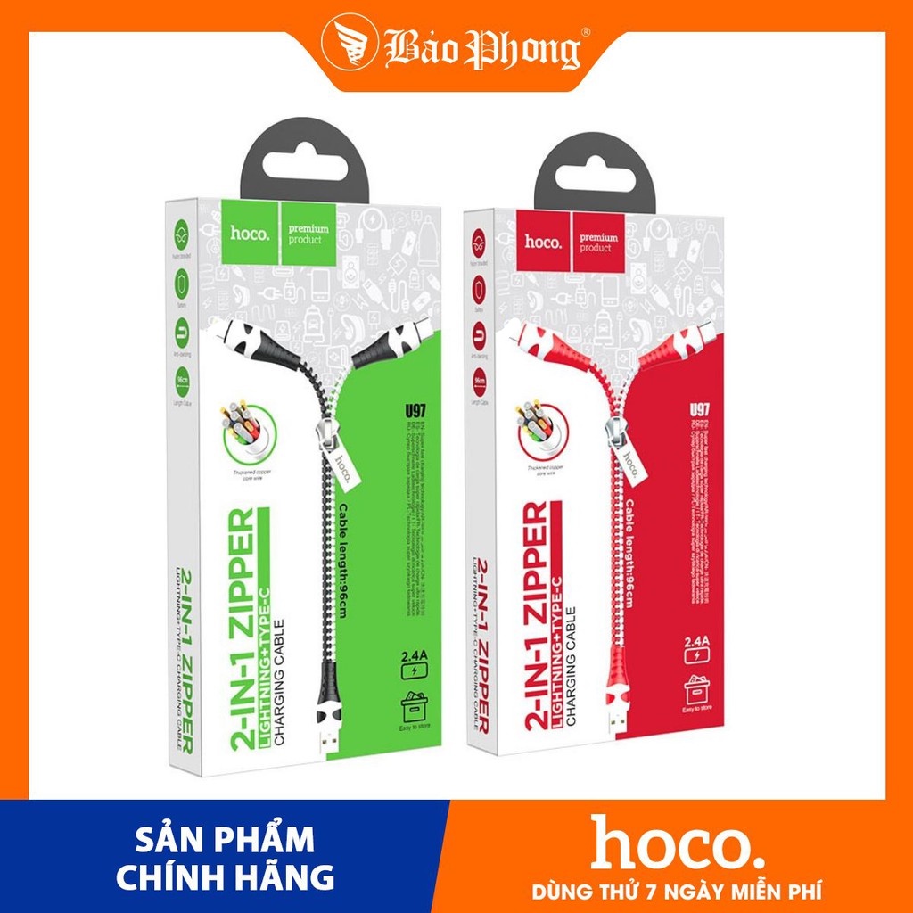 Cáp kéo khóa HOCO U97 - 2 in 1 IP + Type C Dành cho IP 7 8 Plus X Xs 11 12 Pro Max Samsung Oppo
