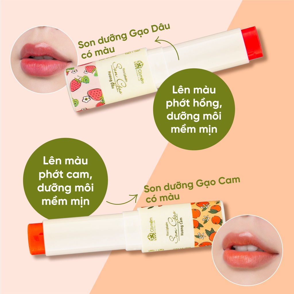 Combo Môi Hồng Cỏ Mềm Son Lụa Không Chì, Son Gạo Dưỡng Môi, Tẩy Da Chết Môi - Quà Tặng 8/3 Cỏ Mềm 20g