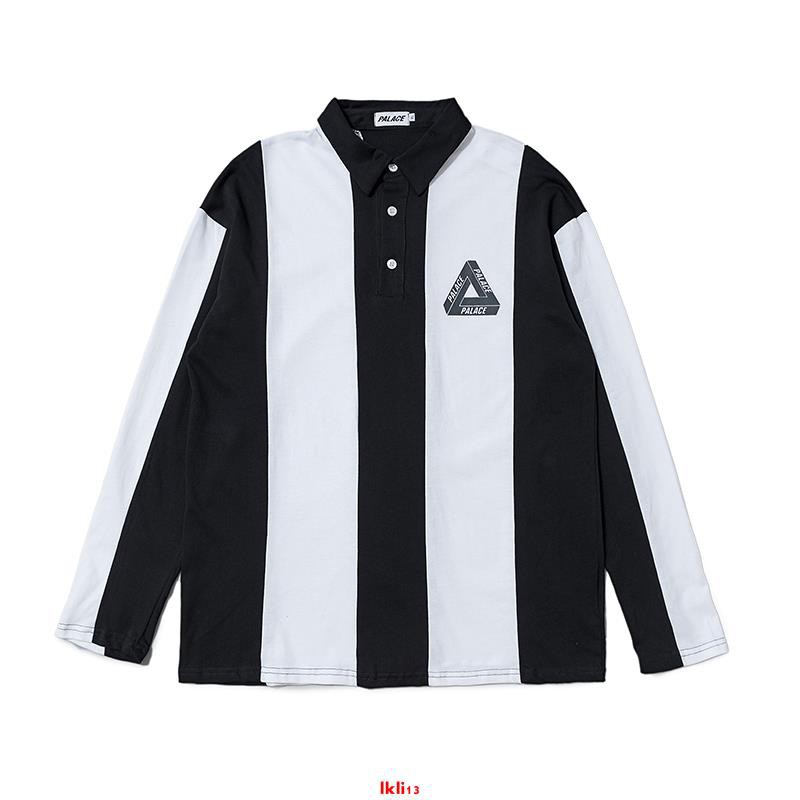 PALACE 19SS black and white stripes stitching contrast triangle LOGO lapel POLO shirt long sleeve sweater men and women tide