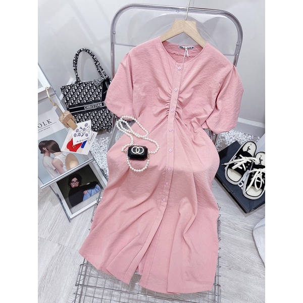 Váy Hồng Rúm Tay Bồng