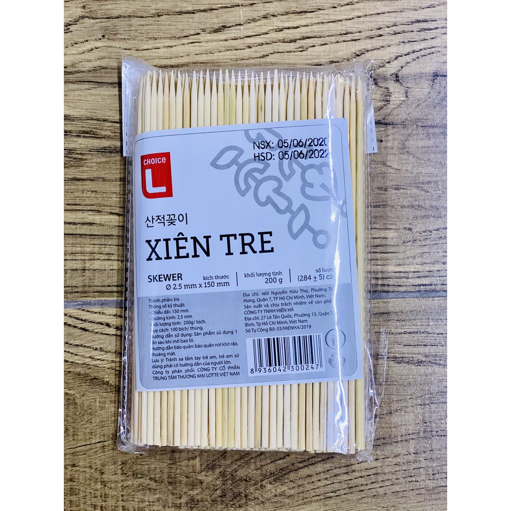 XIÊN TRE 200G 2.5X150MM, 285 cây xiên chiên nướng thịt cá viên, thanh tre xiêng đồ nướng, bịch tăm lớn xuyên thịt