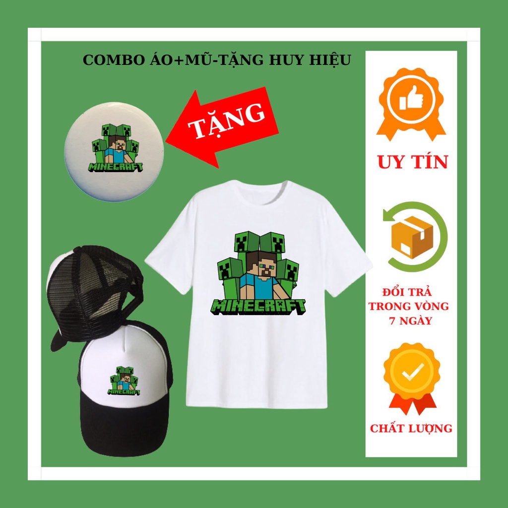 Áo phông Minecraft trẻ em, đủ size áo từ 10kg đến 90kg, Mũ Minecraft trẻ em, huy hiệu Minecraft bé trai, bé gái