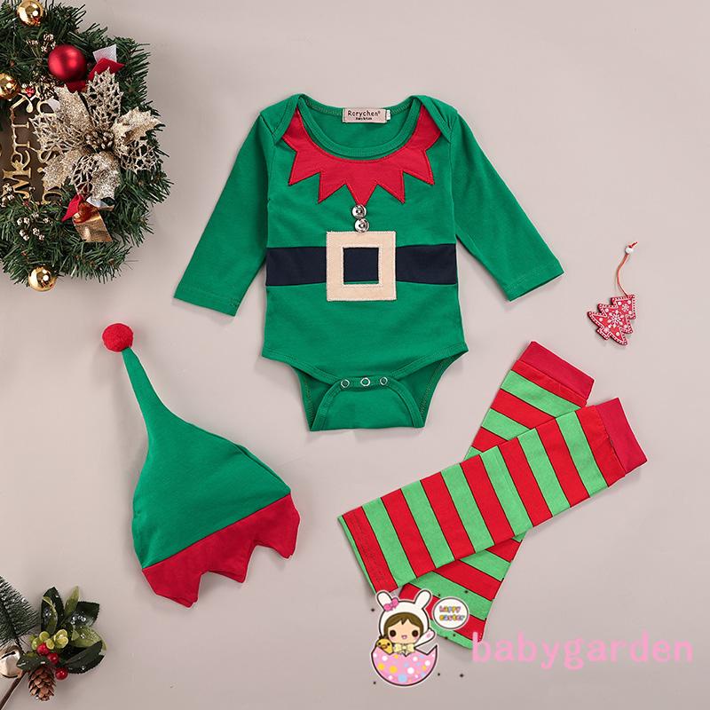 Bộ Áo liền quần tay dài cổ tròn + Tất ống chân họa tiết sọc màu sắc tương phản + Mũ phong cách giáng sinh cho trẻ em