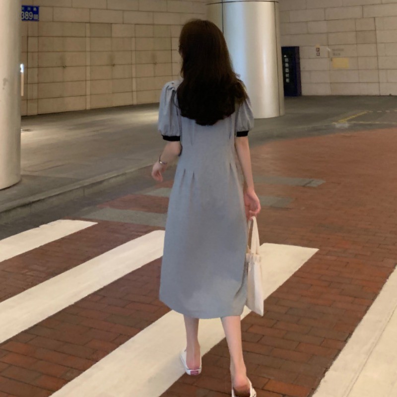 Bubble Sleeve T-Shirt Dress Female Summer 2021 New Design Color Waist Slim Small Son Tok Long Skirt