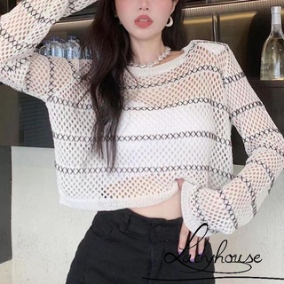 Áo croptop tay dài cổ tròn khoét lỗ màu trắng / đen cho nữ