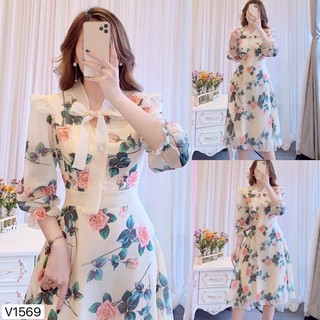 Váy voan hoa cổ nơ hoa hồng tiểu thư xinh xắn