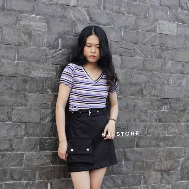 CHÂN VÁY ULZZANG CHEO TÀ PHỐI TÚI (kèm betl)