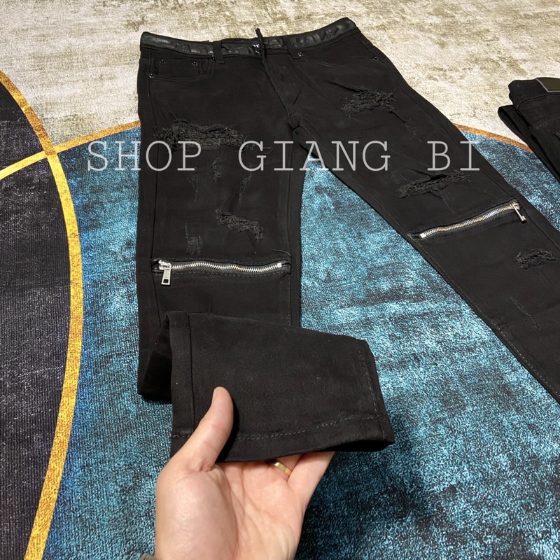 Quần jean trơn phối khoá ngang đùi,quần bò nam phối khoá zip ngang gối rách xước đơn giản