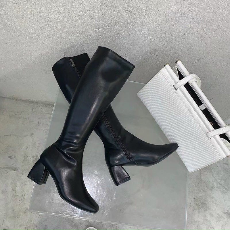 Boot đùi da mềm gót vuông dễ đi