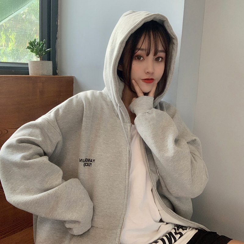 SUXI Áo khoác sweater dáng rộng tay dài in họa tiết chữ phối khóa kéo trẻ trung cho nữ