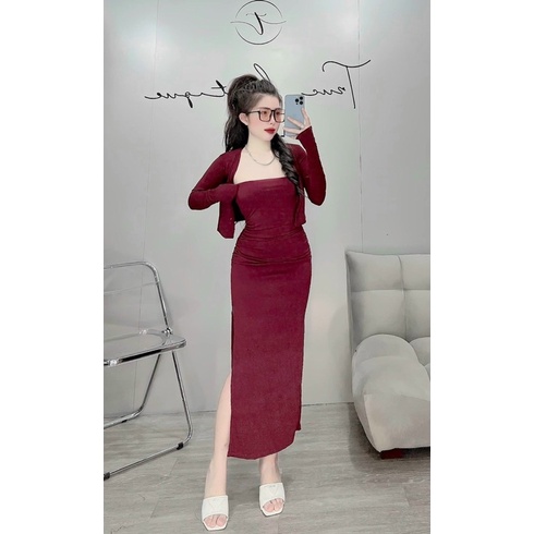 ĐẦM BODY HAI DÂY XẺ TÀ KÈM ÁO KHOÁC NGOÀI TAY DÀI SEXY