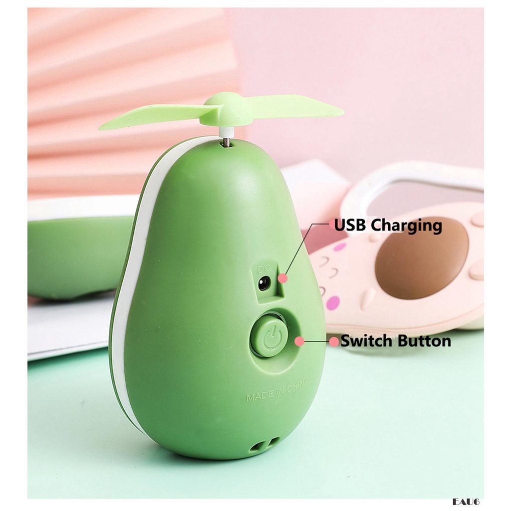 Quạt mini hình trái bơ , trái đào dễ thương có đèn LED đa năng E6