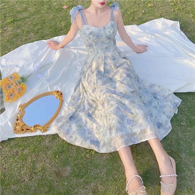 Đầm maxi váy hai dây dáng dài hoa xanh