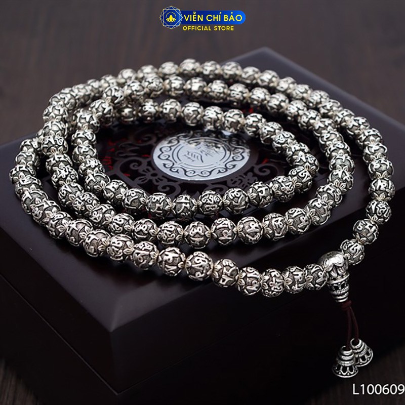 Chuỗi tràng hạt 108 hạt Lục Tự Đại Minh Chân Ngôn chất liệu bạc Thái S925 thương hiệu Viễn Chí Bảo L100609