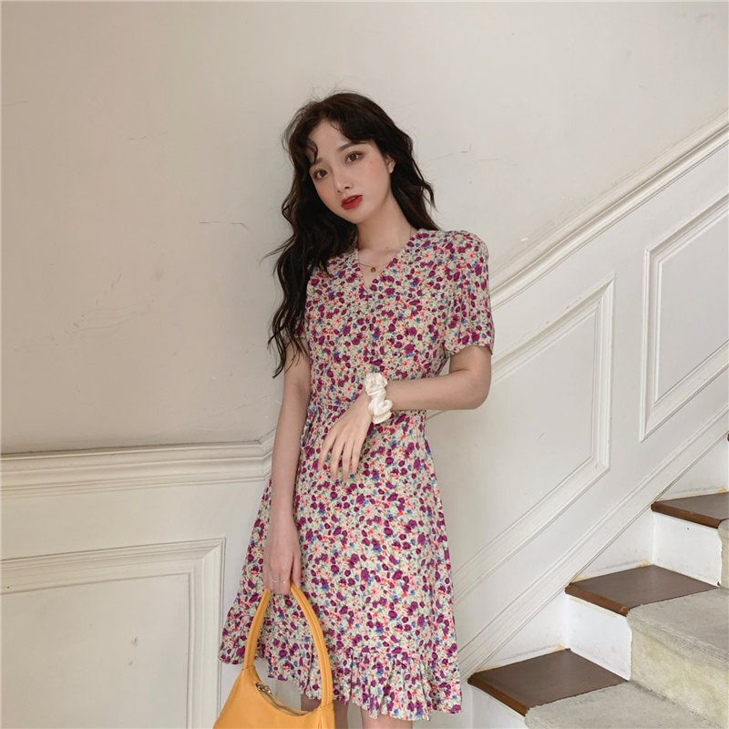 Korean style retro oil painting style V-neck loose tied dress tight waist fishtail skirt