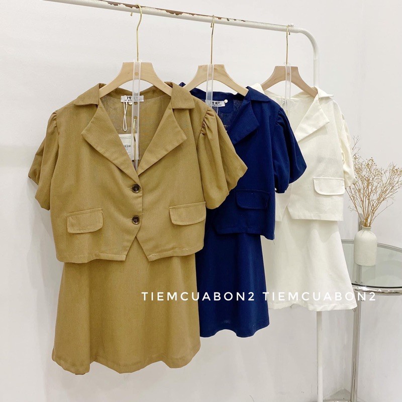 Set bộ áo vest croptop tay phồng kèm chân váy